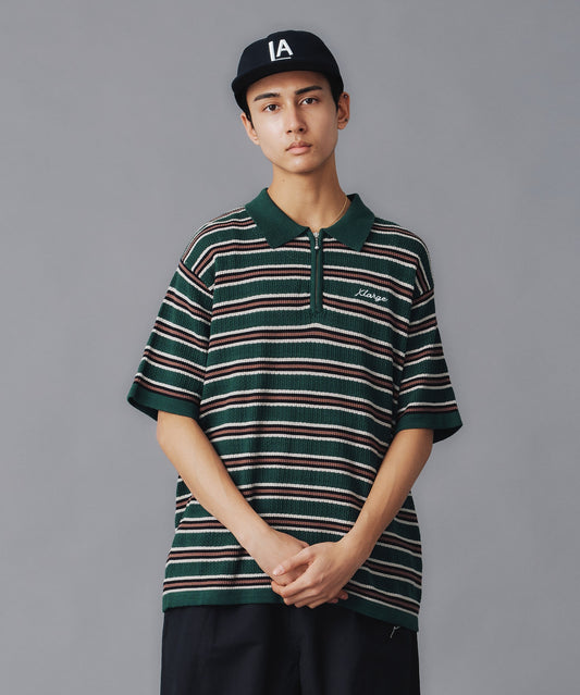 STRIPED MESH KNIT POLO SHIRT